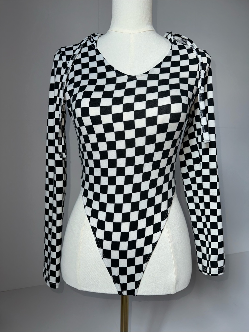 Y2K Checkered Bodysuit Black White Long Sleeve Racing Style